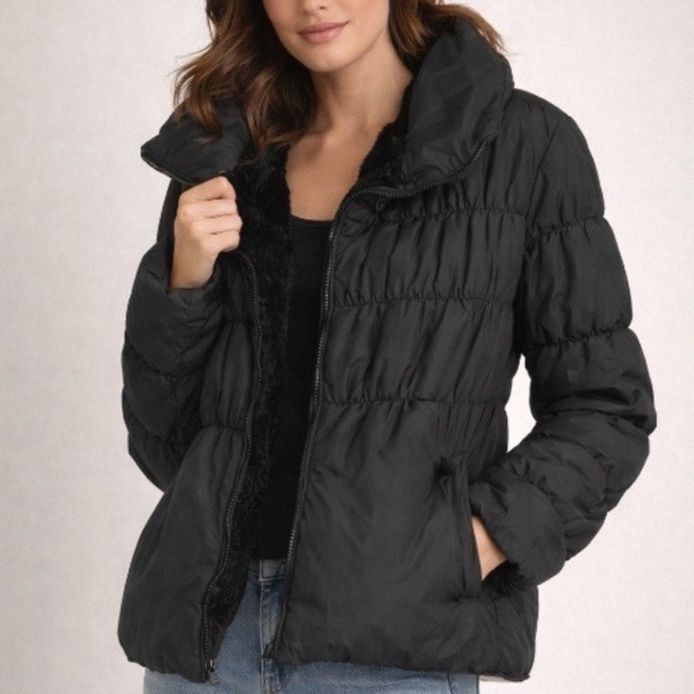 Climate Concepts Black Puffer Jacket Faux Fur Lined Smocked Quilted Coat XL